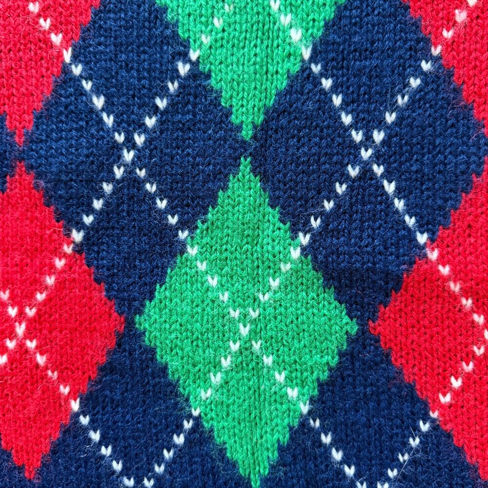 Vintage 80s Preppy Argyle Diamond Knit Sweater Blue Large - Picture 4 of 6